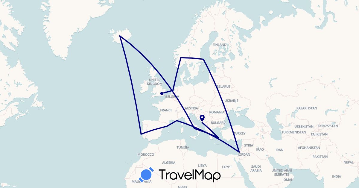 TravelMap itinerary: driving in Spain, France, United Kingdom, Greece, Croatia, Israel, Iceland, Italy, Netherlands, Norway, Portugal, Sweden (Asia, Europe)